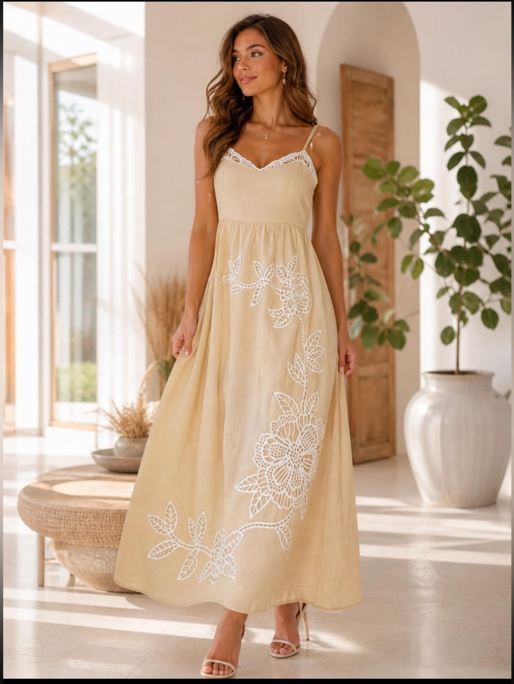 New Caroline Constas Beige Maxi Dress with White Floral Appliqué size S
